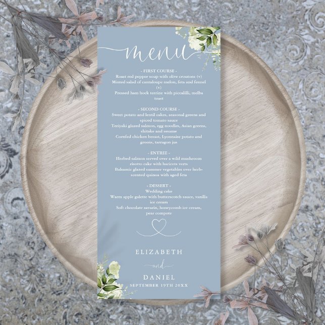 Menu Coração de Verdura Azul Empoeirado Casamento Janta (Dusty Blue Greenery Heart Script Wedding Dinner Menu)