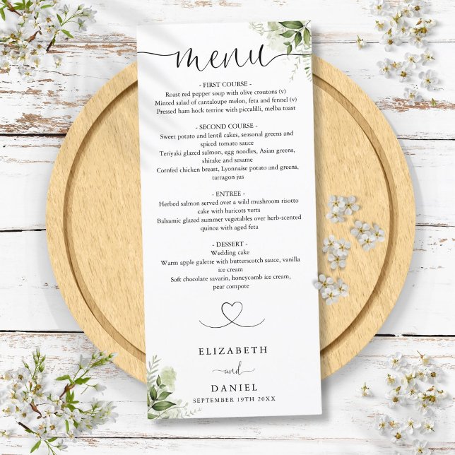 Menu Coração Floral de Verdura Script Jantar de Casamen (Greenery Floral Heart Script Wedding Dinner Menu)