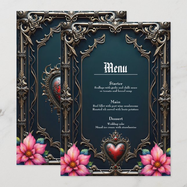 Menu Coração Gótico Vermelho Vitoriano (Frente/Verso)