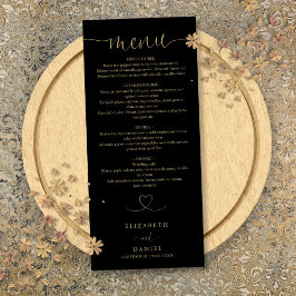 Menu Coração Preto e Dourado Script Jantar de Casamento