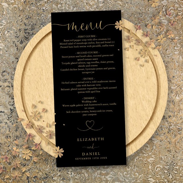Menu Coração Preto e Dourado Script Jantar de Casamento (Black And Gold Heart Script Wedding Dinner Menu)