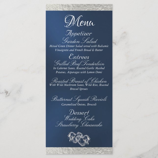 Menu Corações e Monograma - Casamento Azul/Prata (Frente)