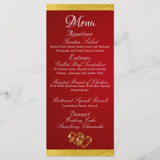 Menu Corações e Monograma - Casamento Vermelho/Dourado  (Frente)