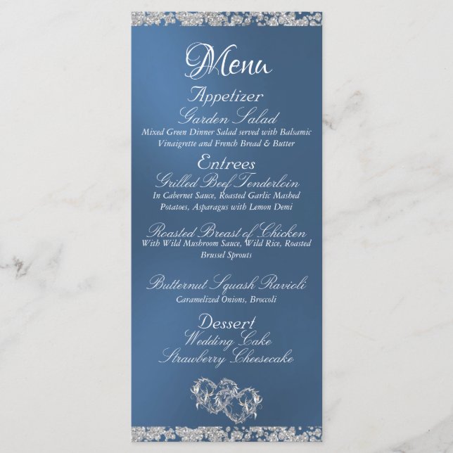 Menu Corações, Monograma e Brilho - Casamento Azul (Frente)