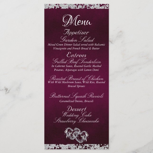 Menu Corações, Monograma e Brilho - Casamento Roxo (Frente)