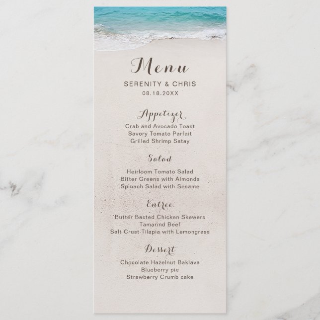 Menu Corações no casamento da praia de destino da areia (Frente)