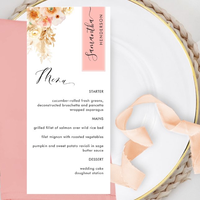 Menu Coral e Rosa Bege Personalizado com o Nome do Conv (Criador carregado)