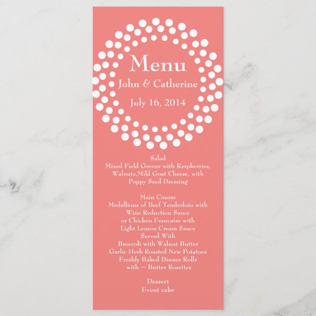 Menu coral moderno à moda da mesa do casamento da (Frente)
