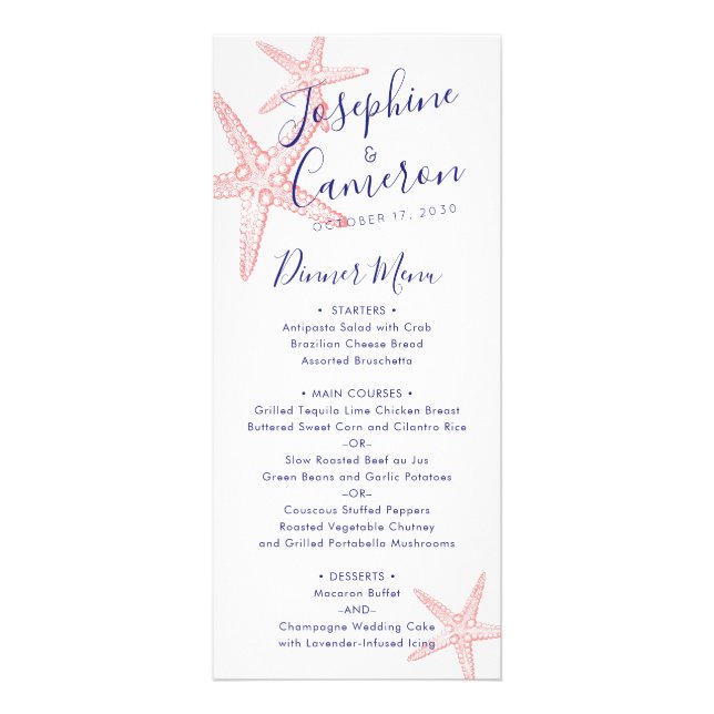 Menu Coral Pink Starfish Modern Beach (Frente)