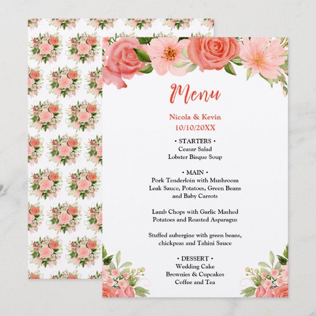 Menu Coral Red Roses with Foliage (Frente/Verso)