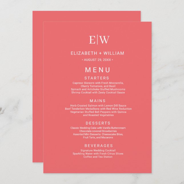 Menu Coral Simples Sunset Elegante com Casamento Monogr (Frente/Verso)