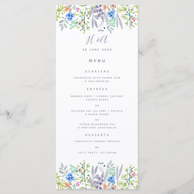 Menu Cornflower rustic greenery Wedding Breakfast (Frente)