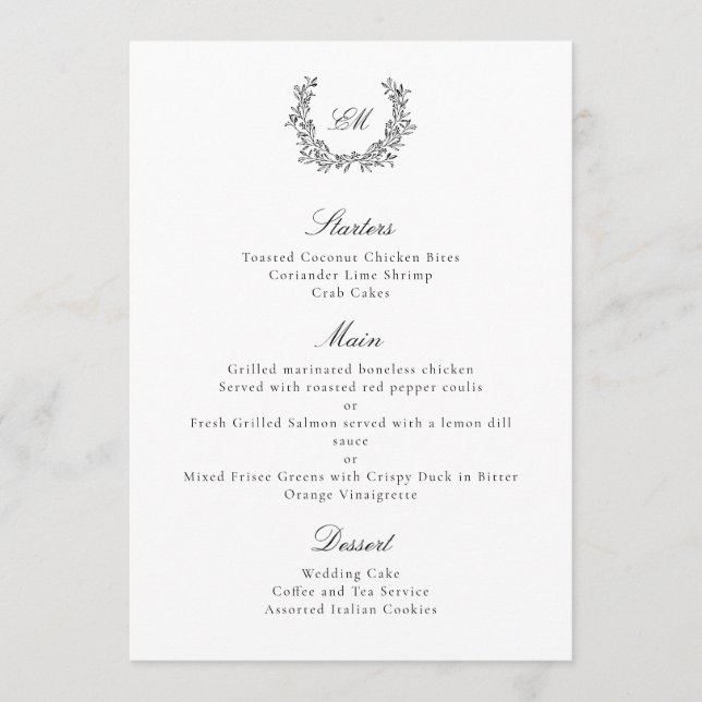 Menu Coroa Botânica de Luxo Preta e Branca Elegante (Frente)