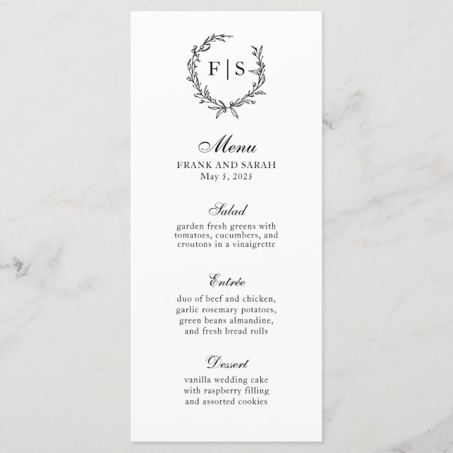 Menu Coroa de Monograma Preto e Branco Tradicional no M (Frente)
