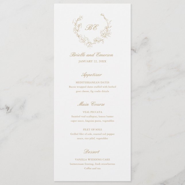 Menu Coroa de Ouro Monograma Casamento Elegante (Frente)