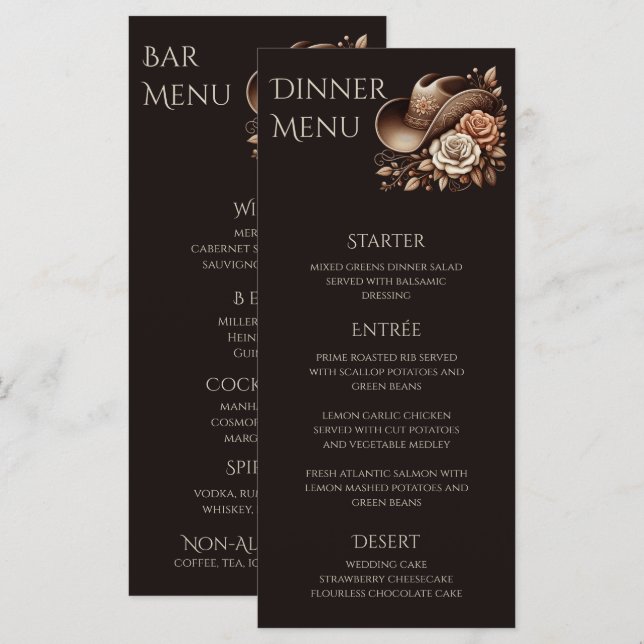 Menu Country Western Cowgirl Hat com Flores (Frente/Verso)