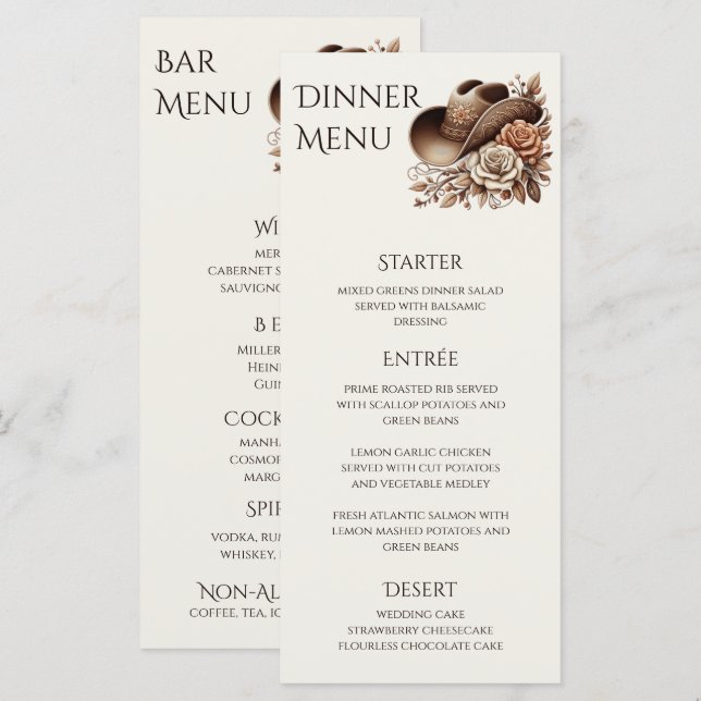 Menu Country Western Cowgirl Hat com Flores (Frente/Verso)