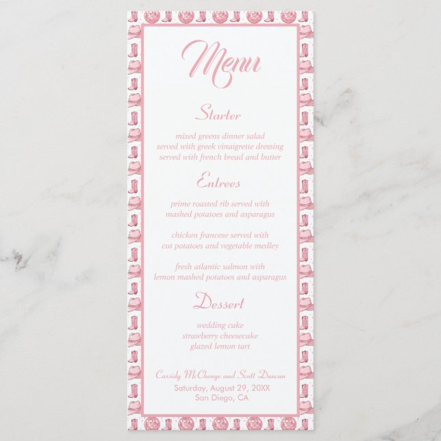 Menu Cowgirl Boots Pink Western WedMenu (Frente)