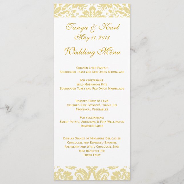Menu Cream Dourado Floral Casamento tema damasco (Frente)
