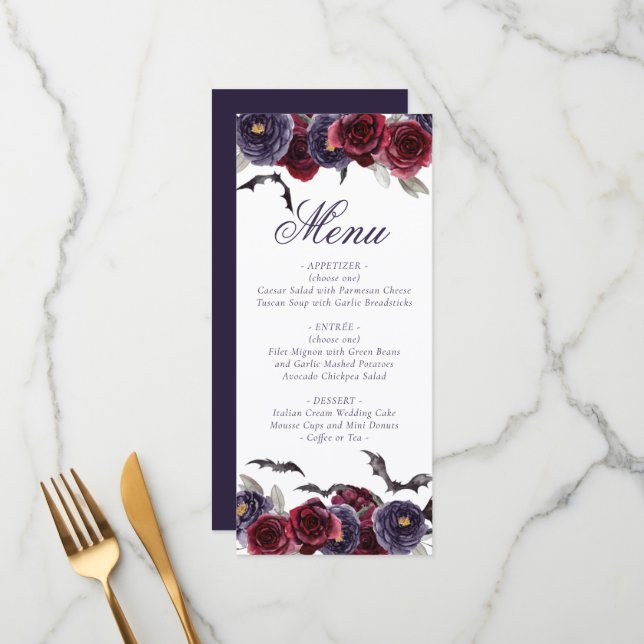 Menu Creepto linda | Rosas góticos escuros com morcegos (Frente/Verso In Situ)