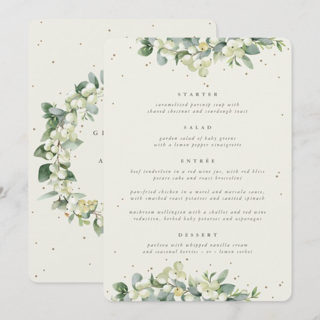 Menu Creme Snowberry + Eucalipto Casamento de 4 Pratos (Frente/Verso)
