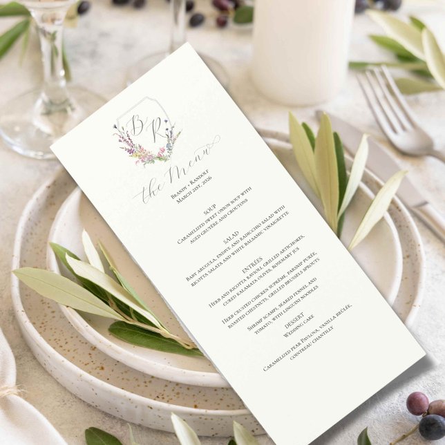 Menu Crest de flor selvagem (Wildflower menu  for a wedding place setting)