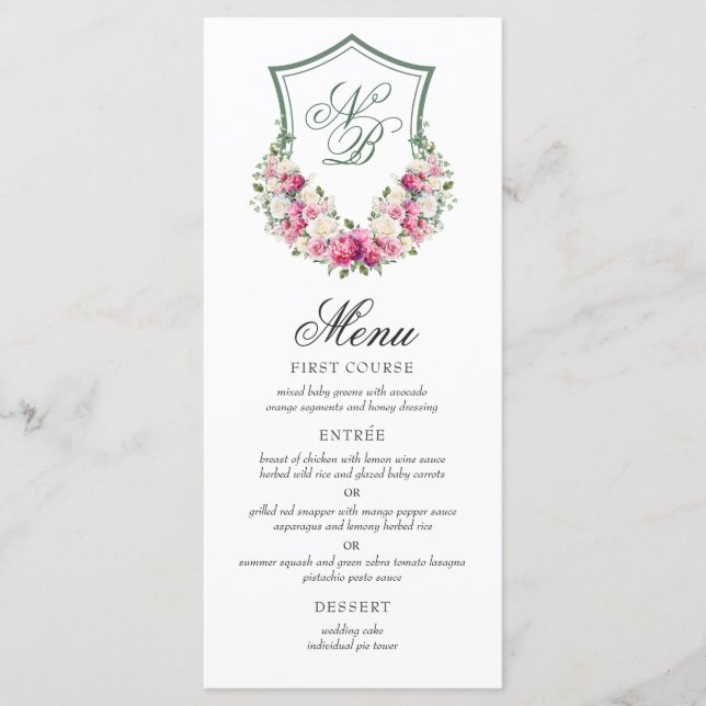 Menu Crest Floral Rosa Casamento (Frente)