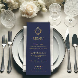 Menu Crest Monograma Azul Marinho Faux Dourado Elegante