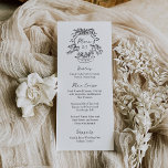 Menu Crest Whimsic | Casamento preto e branco monograma<br><div class="desc">Estes cartões de cardápio na moda preto e branco ou cartões de janto de ensaio apresentam uma ilustração preta desenhada à mão de uma crista de casamento com cherubs e flores,  e suas iniciais ou monograma no centro. Script manuscrito moderno e texto preto clássico criam uma aparência de eterno.</div>