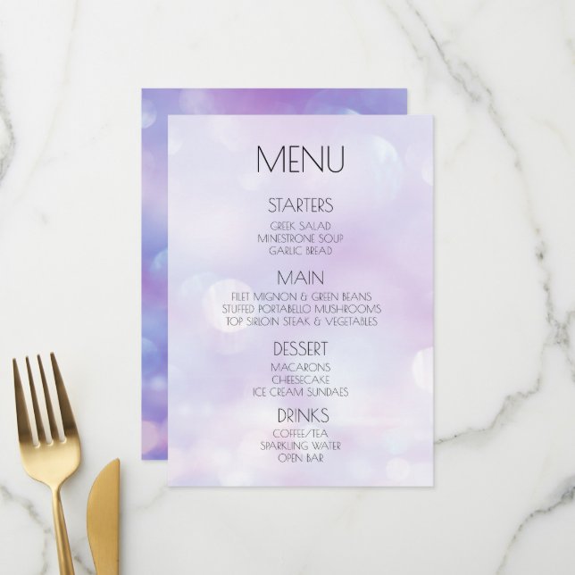 Menu Crie Seu Próprio Casamento com Bokeh Roxo Etéreo (Frente/Verso In Situ)