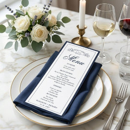 Menu crista botânica de monograma de casamento azul mar