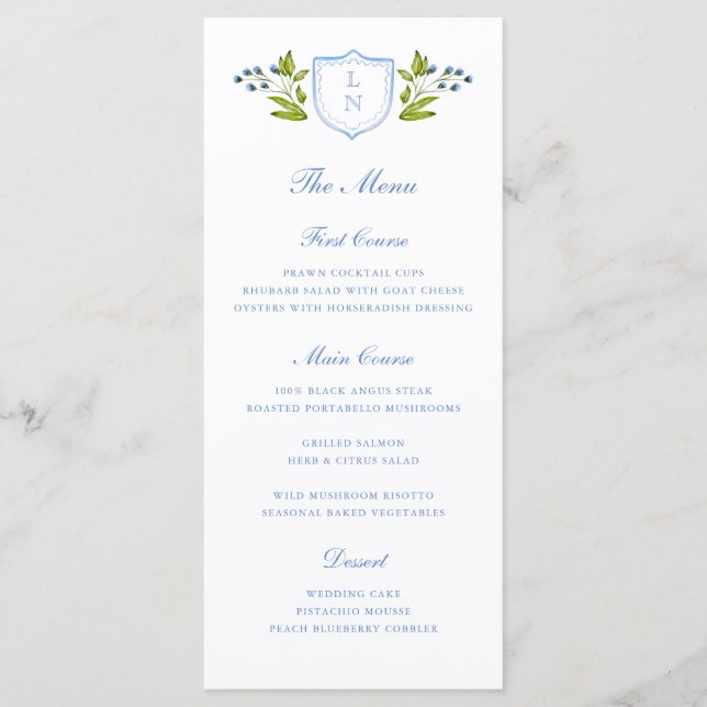 Menu Crista Floral Azul para Casamento (Frente)
