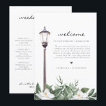 Menu Cronologia da Carta de Boas-Vindas da Magnólia em<br><div class="desc">Esta carta de boas-vindas de casamento e cronograma apresenta magnólias em aquarela e um poste de iluminação inspirado no French Quarter. Use este modelo para editar todas as palavras, fonte, cor da fonte e cor do fundo para combinar com o estilo do seu evento. Clique em 'clique para personalizar ainda...</div>