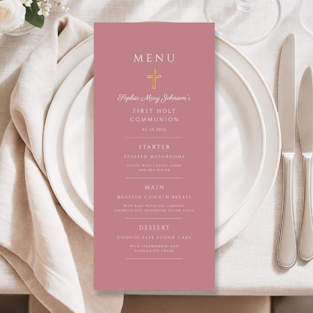 Menu Cruz Religiosa Rosa Elegante Primeira Comunhão (Elegant Pink Religious Cross First Communion Menu)