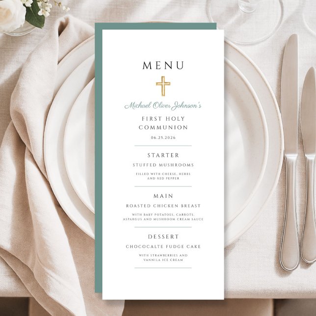 Menu Cruz Religiosa Verde Elegante Menino Primeira Comu (Elegant Green Religious Cross Boy First Communion Menu)