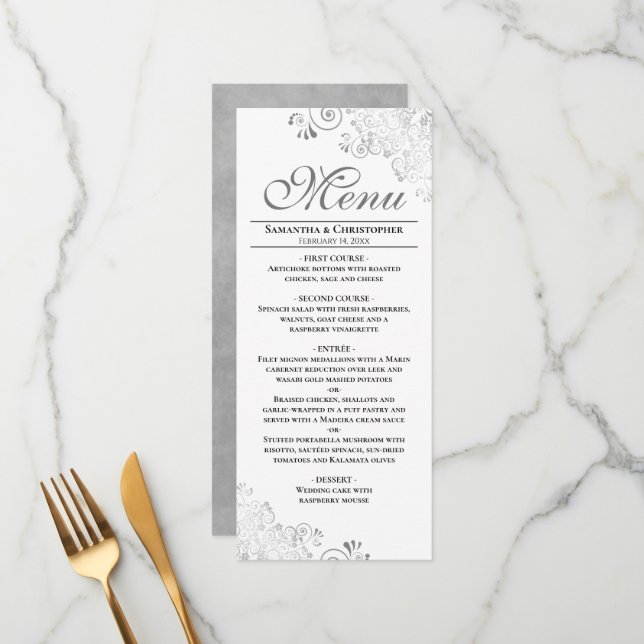 Menu Curls & Swirls de Prata Elegante no Casamento Bran (Frente/Verso In Situ)