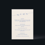 Menu Custom Minimalist Classic Blue Wedding Dinner<br><div class="desc">This wedding menu sign features refined script lettering paired with classic serif typography in blue on a champagne background for a timeless, elevated look. The minimalist layout highlights each course clearly while adding a sophisticated design element to your reception space. Ideal for modern and stylish weddings, it complements elegant table...</div>