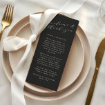 Menu Custom Wedding Welcome Thank You Black Place Card<br><div class="desc">Welcome your guests with this beautifully designed welcome and thank-you card in black, perfect for weddings or special events. Featuring elegant calligraphy and heartfelt text, this card sets the tone for a warm and memorable celebration. Customize it with your names and message to create a unique keepsake that expresses your...</div>