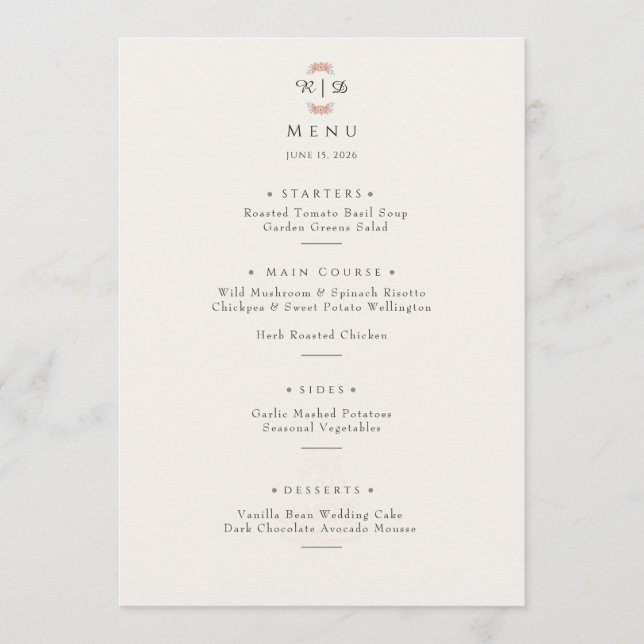 Menu Customized Blush Garden Minimal Floral Wedding  (Frente)
