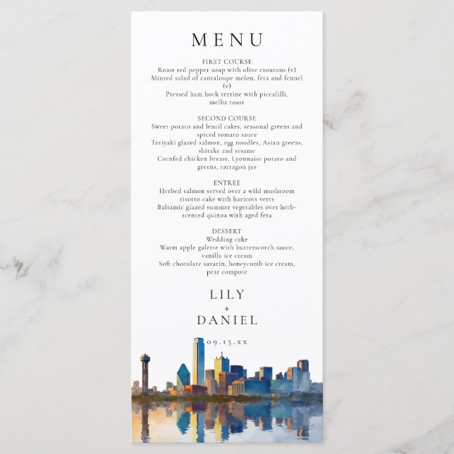 Menu Dallas Skyline Watercolor Destination Wedding (Frente)