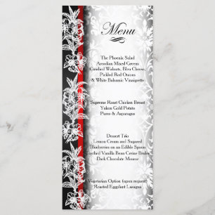 Menu Damasco de Casamento Moderno em Branco, Preto e Ve