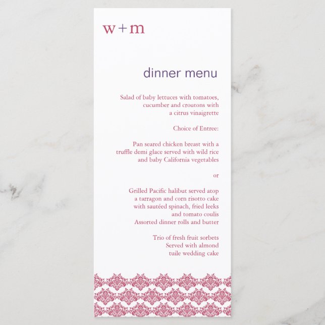 Menu Damask Simplicity Berry Purple WedMenu (Frente)
