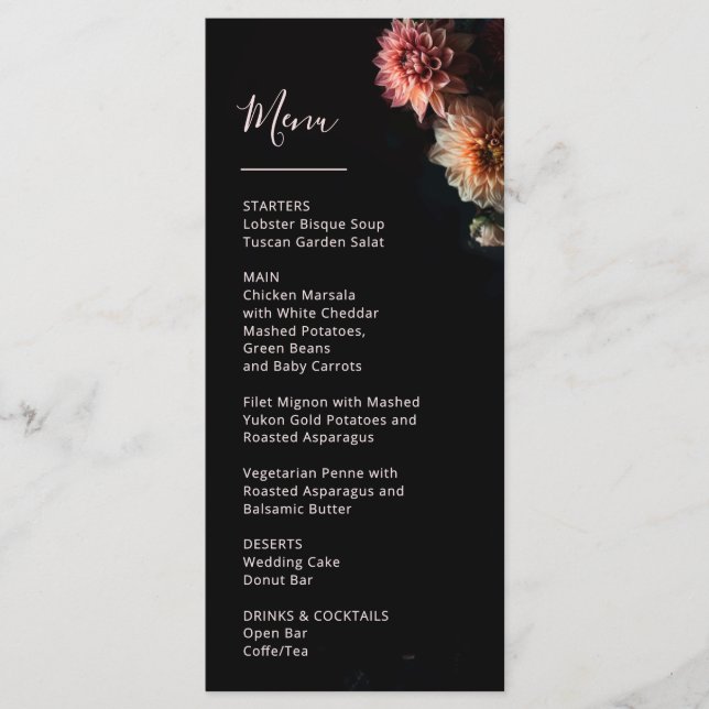 Menu Dark Moody Flowers Chrysanthemum Wedding (Frente)