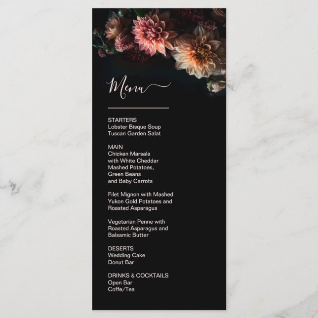 Menu Dark Moody Flowers Chrysanthemum Wedding (Frente)