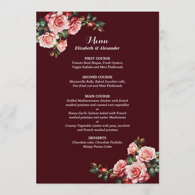 Menu Dark moody pink and red roses maroon wedding (Frente)