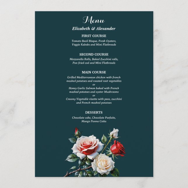 Menu Dark Pretty pink white red roses floral wedding  (Frente)