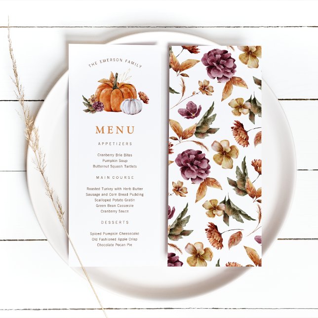 Menu de Ação de Graças da Abóbora (Rustic fall harvest Thanksgiving Pumpkin Menu, watercolor autumn florals by Painted Paperie
)