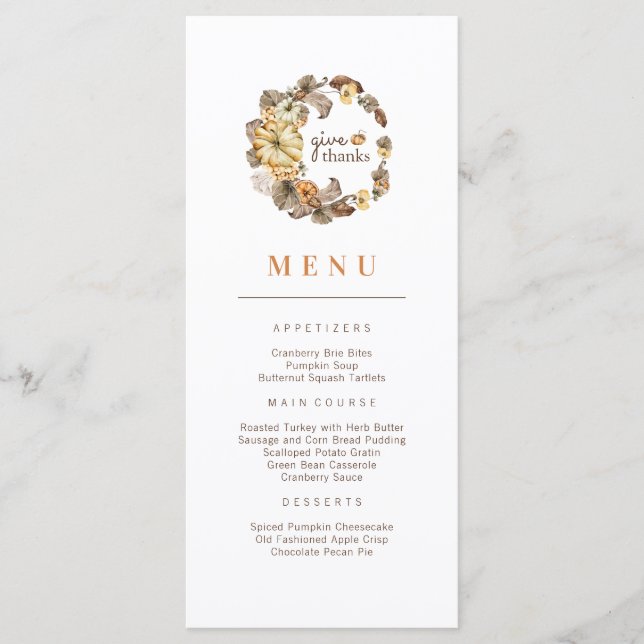 Menu de Ação de Graças Pumpkin Wreath para Obrigad (Frente)