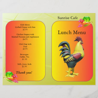 Menu de almoço do restaurante Sunrise Rooster