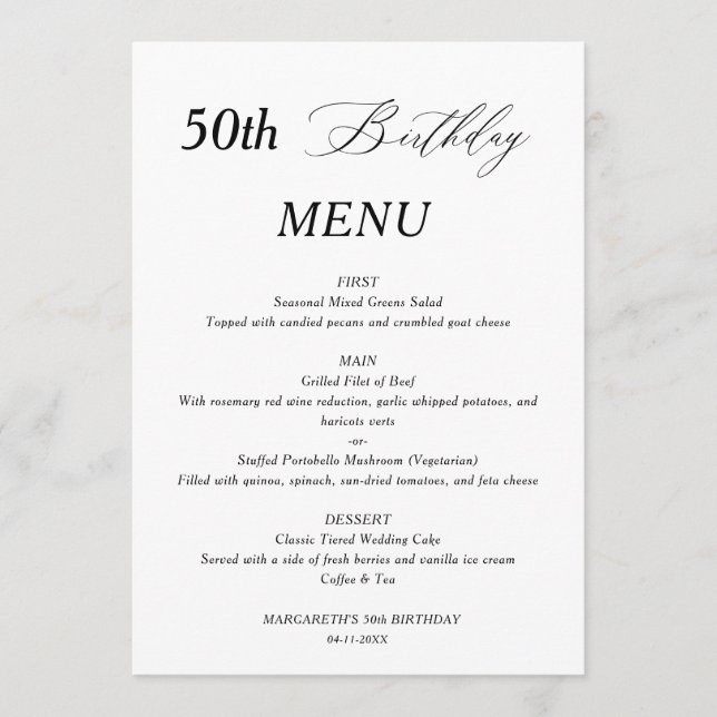 Menu de aniversário de 50 anos minimalista elegant (Frente)